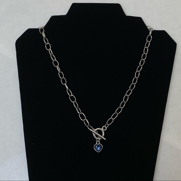 Silver-tone Blue Heart charm pendant Toggle chain link Necklace - Picture 2 of 2
